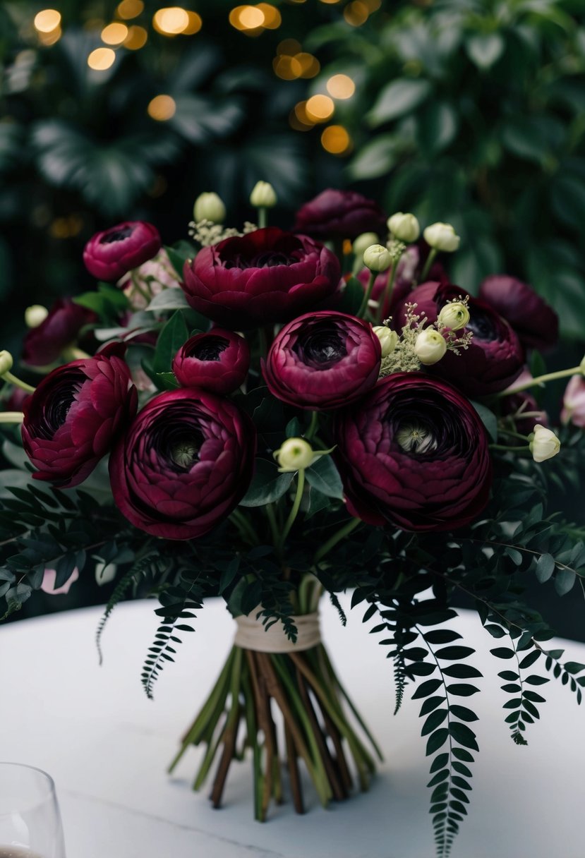 A lush bouquet of deep maroon ranunculus contrasted against black foliage and delicate accents