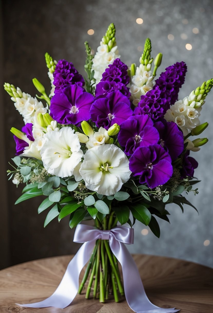 A lush bouquet of regal purple snapdragons and white gladiolus, accented with delicate greenery and tied with a satin ribbon