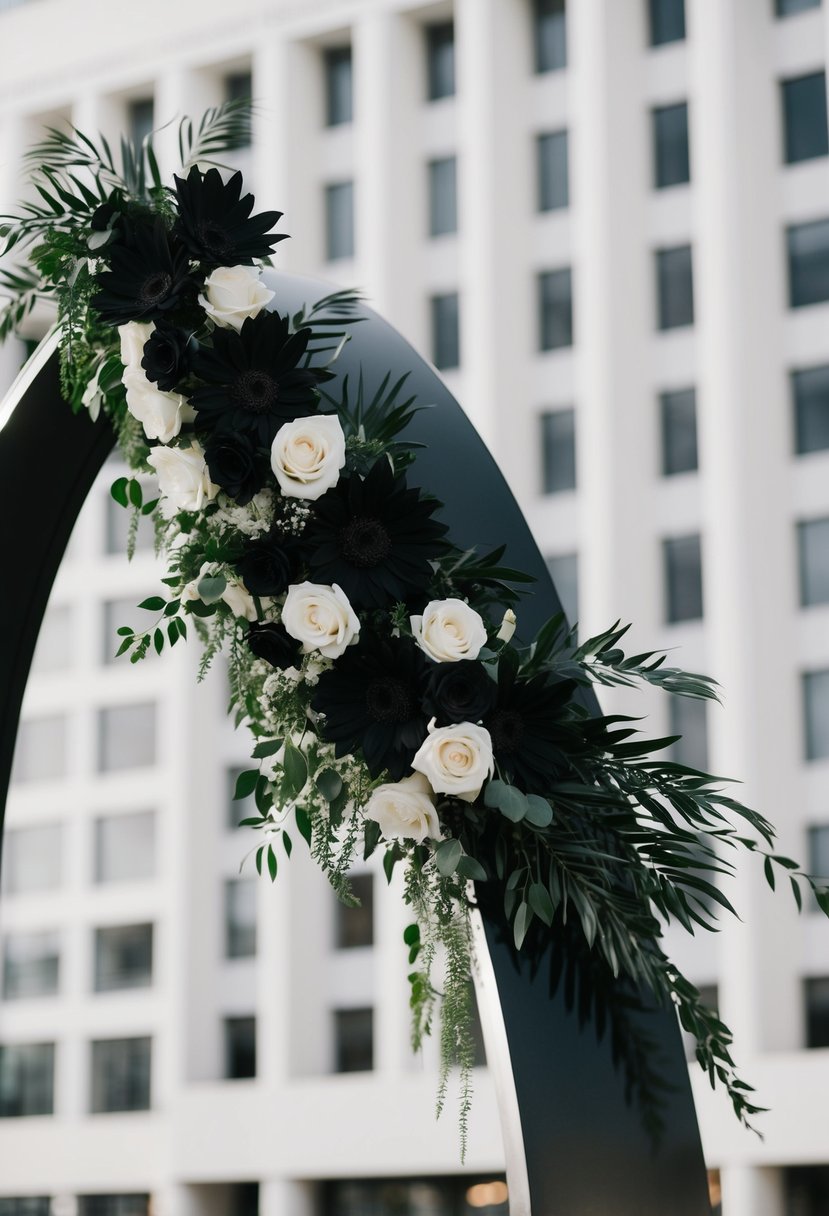 A sleek black arch adorned with elegant black bouquets