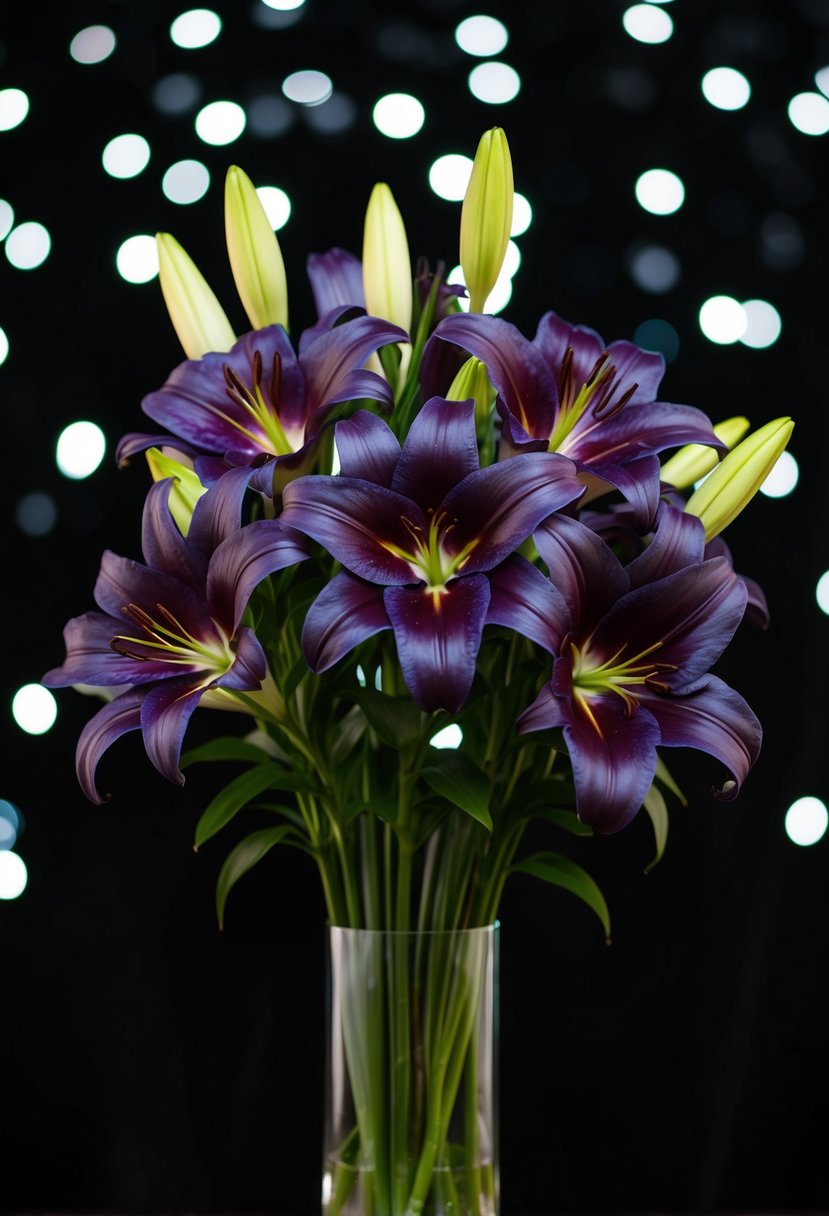 A bouquet of dark plum lilies stands out against a black background, creating a striking contrast