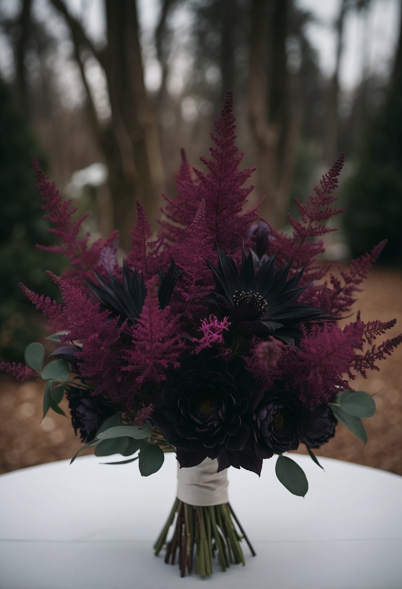 Deep purple and black astilbe arranged in a moody, elegant wedding bouquet