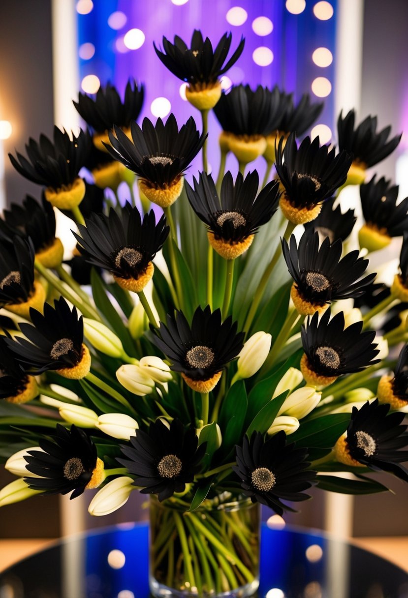 A lavish bouquet of black kangaroo paw flowers arranged in a dramatic display