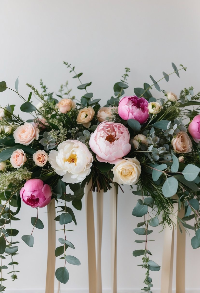 A vibrant assortment of peonies, roses, and eucalyptus arranged in a flowing, cascading style, with delicate ribbons trailing down