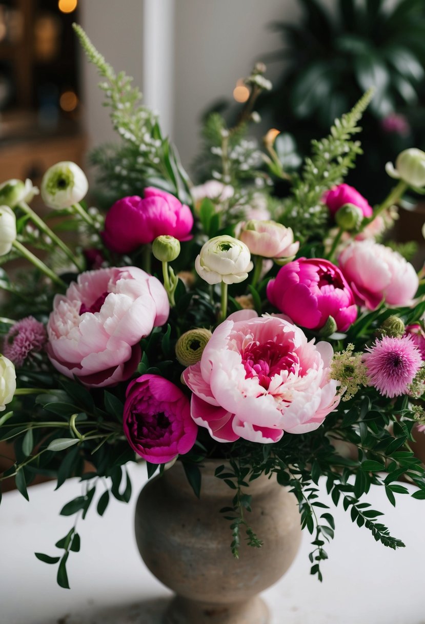 A lush bouquet of vibrant peonies and ranunculus, with delicate greenery, arranged in a rustic vase