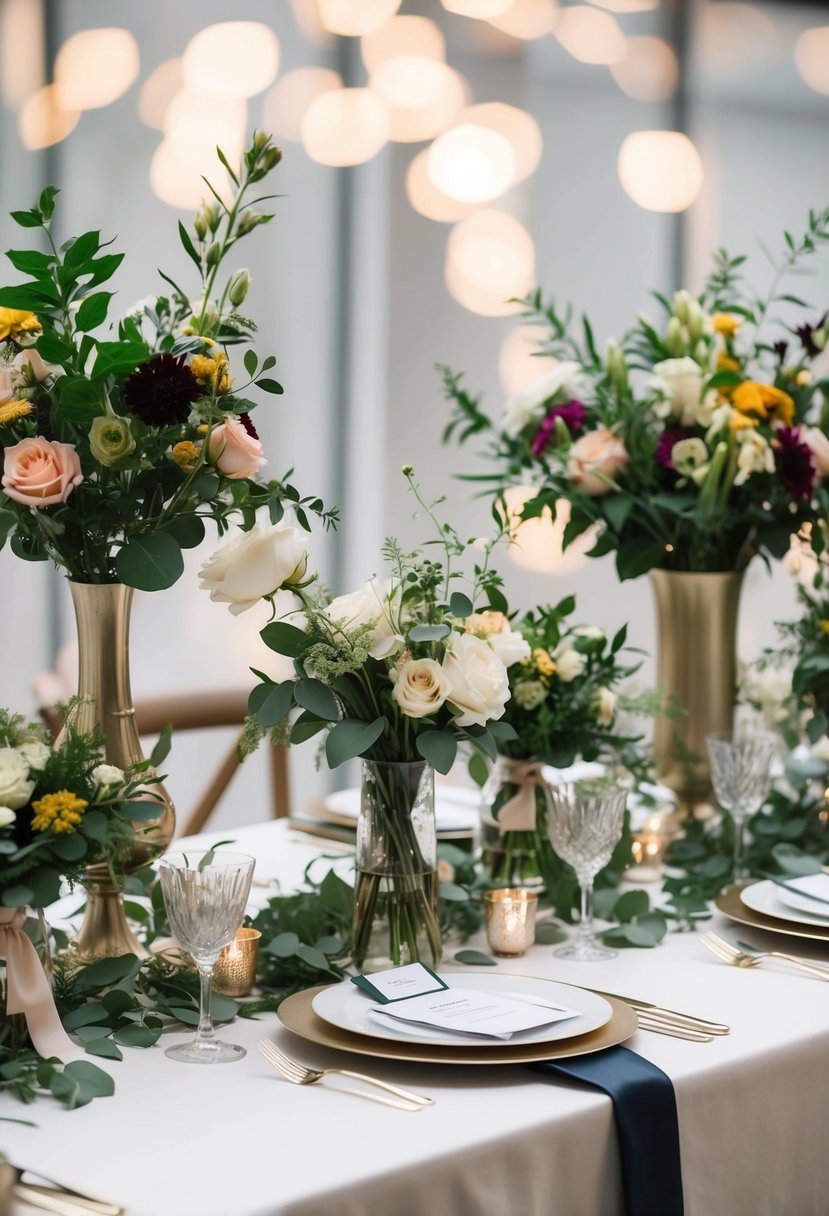 A table with various floral arrangements in vases, ribbons, and greenery scattered around