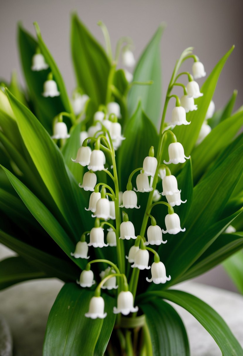 A delicate bouquet of lily of the valley, surrounded by soft green foliage, arranged in a classic and elegant style