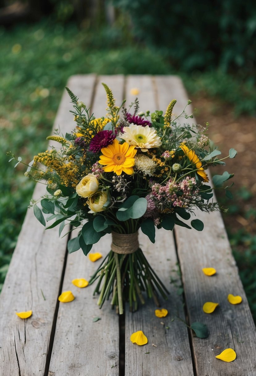 A rustic wildflower bouquet sits on a weathered wooden table, surrounded by scattered petals and greenery