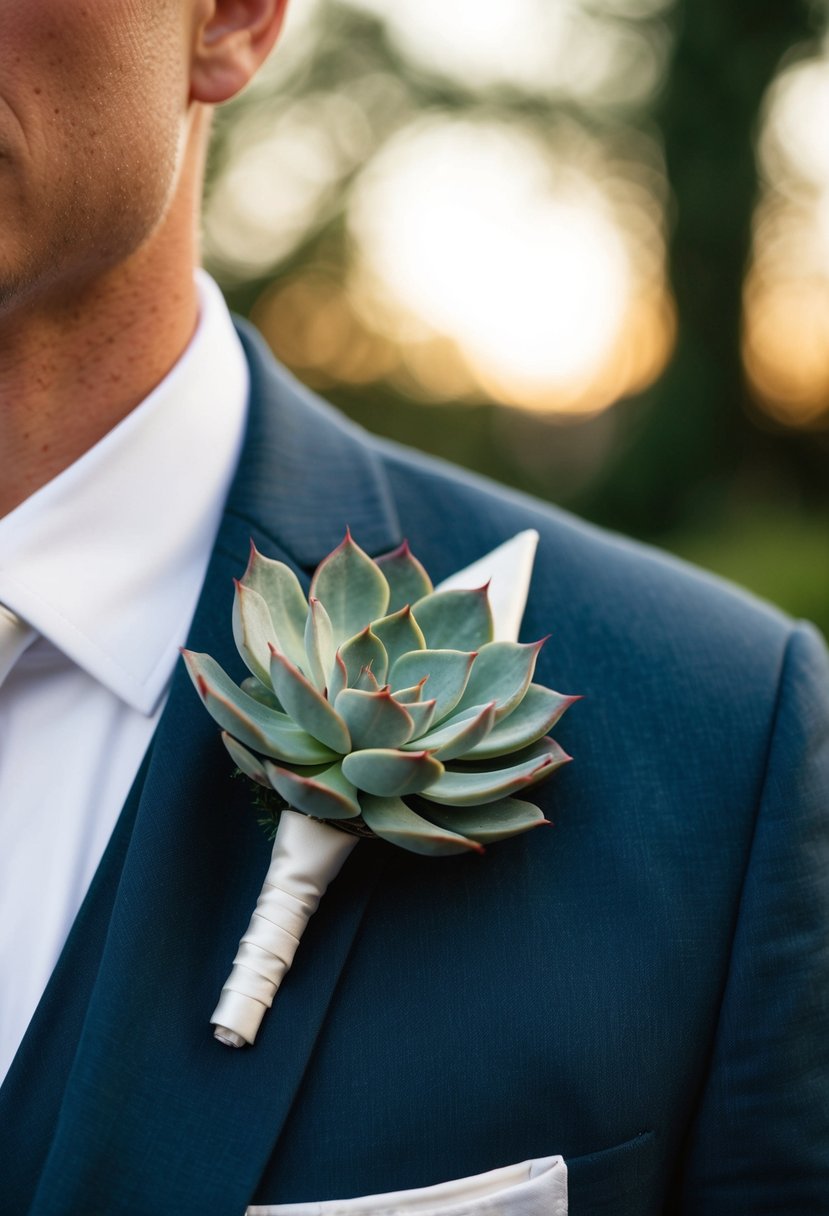 A sleek, modern succulent boutonnière pinned to a lapel