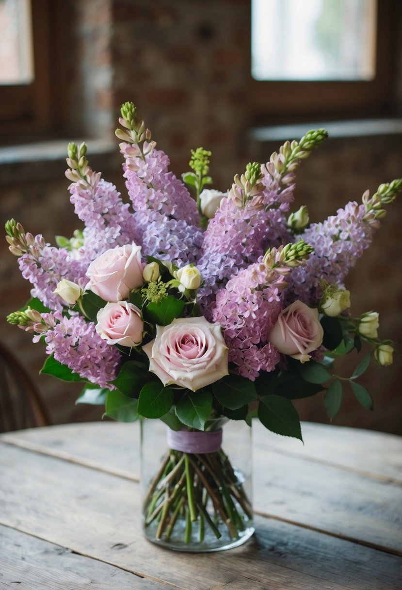 A lush bouquet of lilac and rose blooms, arranged in a delicate pairing, sits on a rustic wooden table