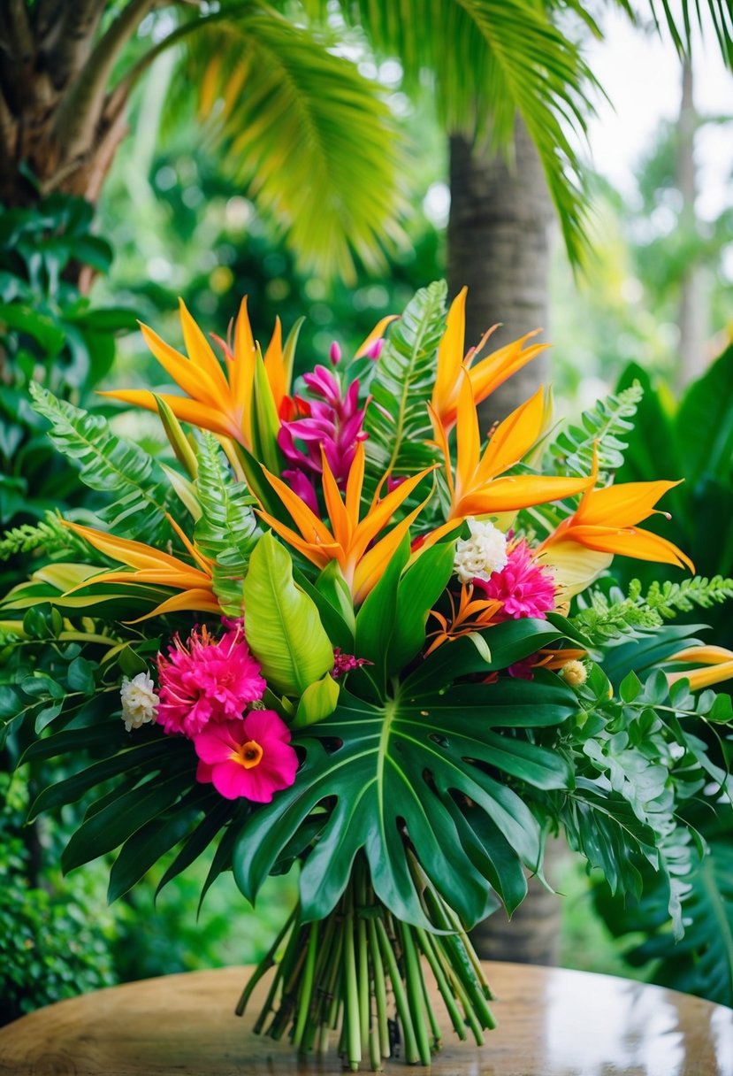 A vibrant bouquet of tropical flowers and lush greenery, with pops of bright colors and delicate, fragrant blooms