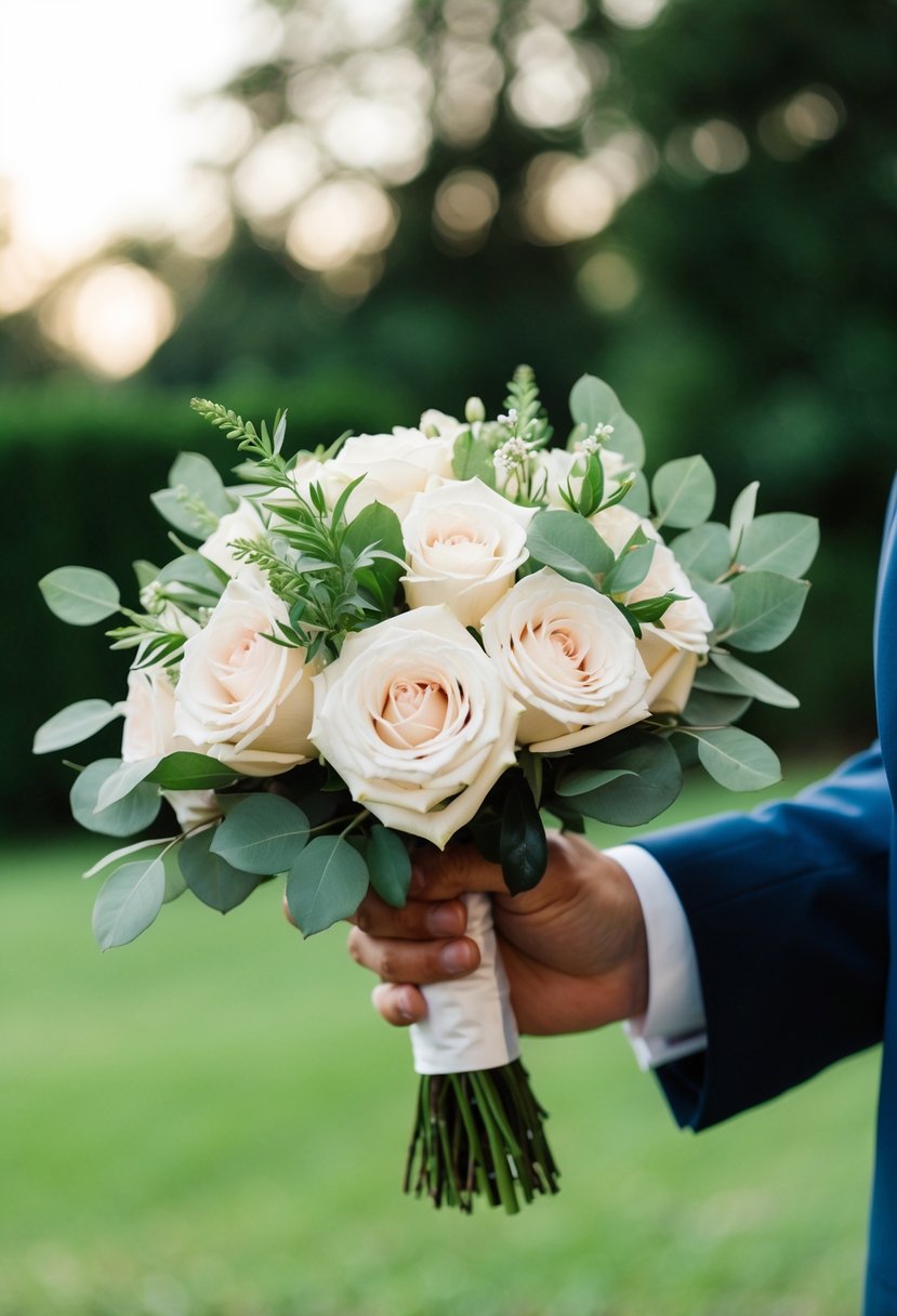 A groom's hand holding a classic rose bouquet with greenery