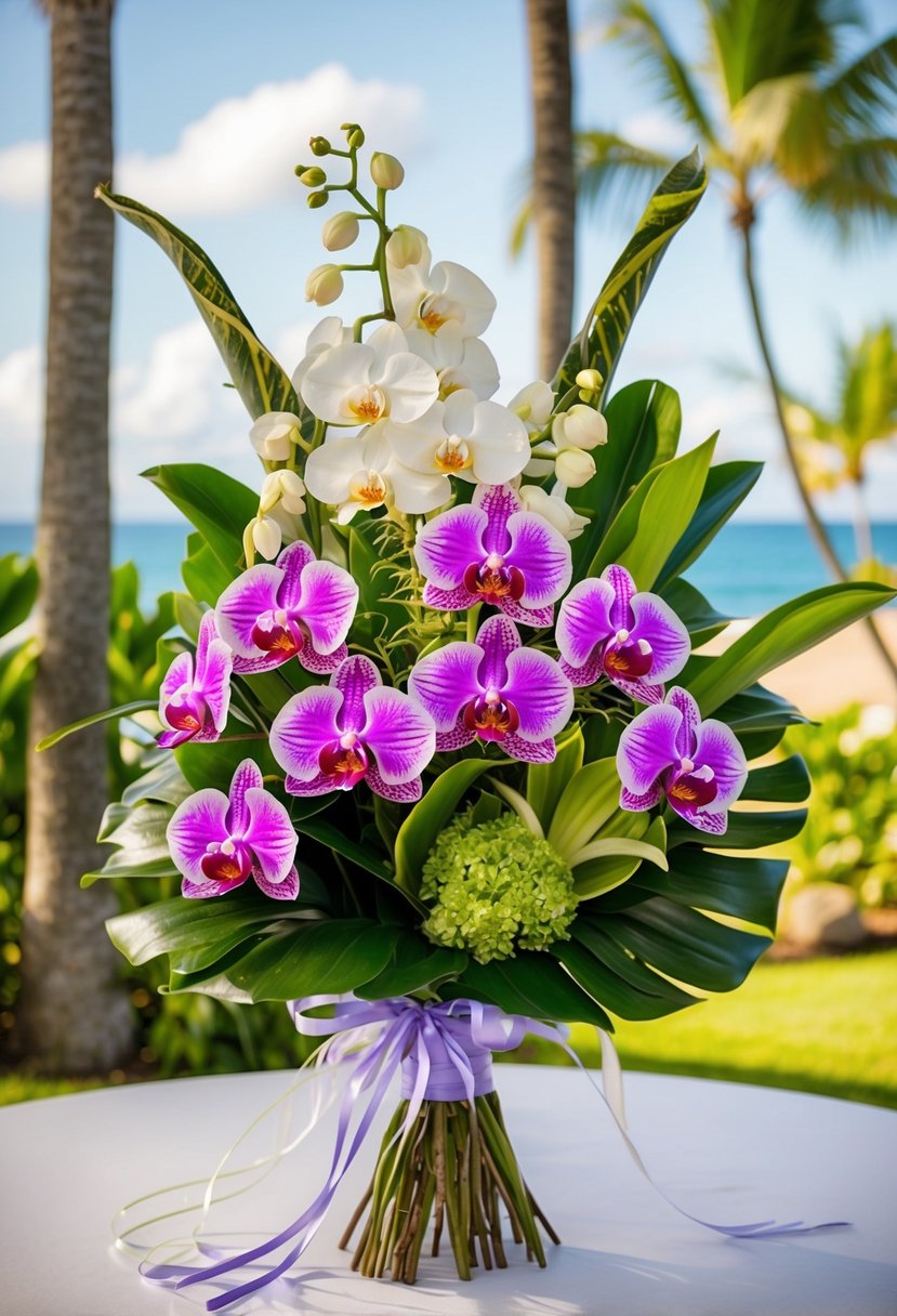 A lush bouquet of vibrant orchids and tropical foliage, accented with delicate ribbons, set against a backdrop of sun-drenched Hawaiian scenery