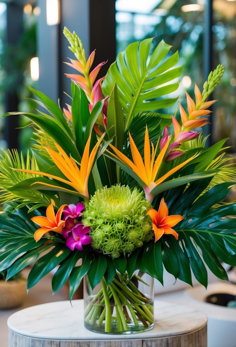 A lush and colorful tropical bouquet featuring exotic flowers and vibrant greenery, arranged in a modern and stylish manner