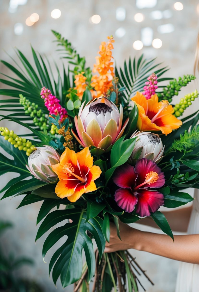 A colorful bouquet of protea, hibiscus, and tropical foliage arranged in a loose, organic style