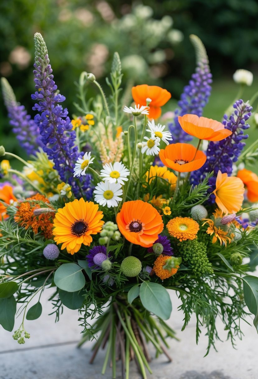 A vibrant bouquet of wildflowers, including daisies, poppies, and lupines, arranged in a loose, natural style with plenty of greenery and a touch of whimsy