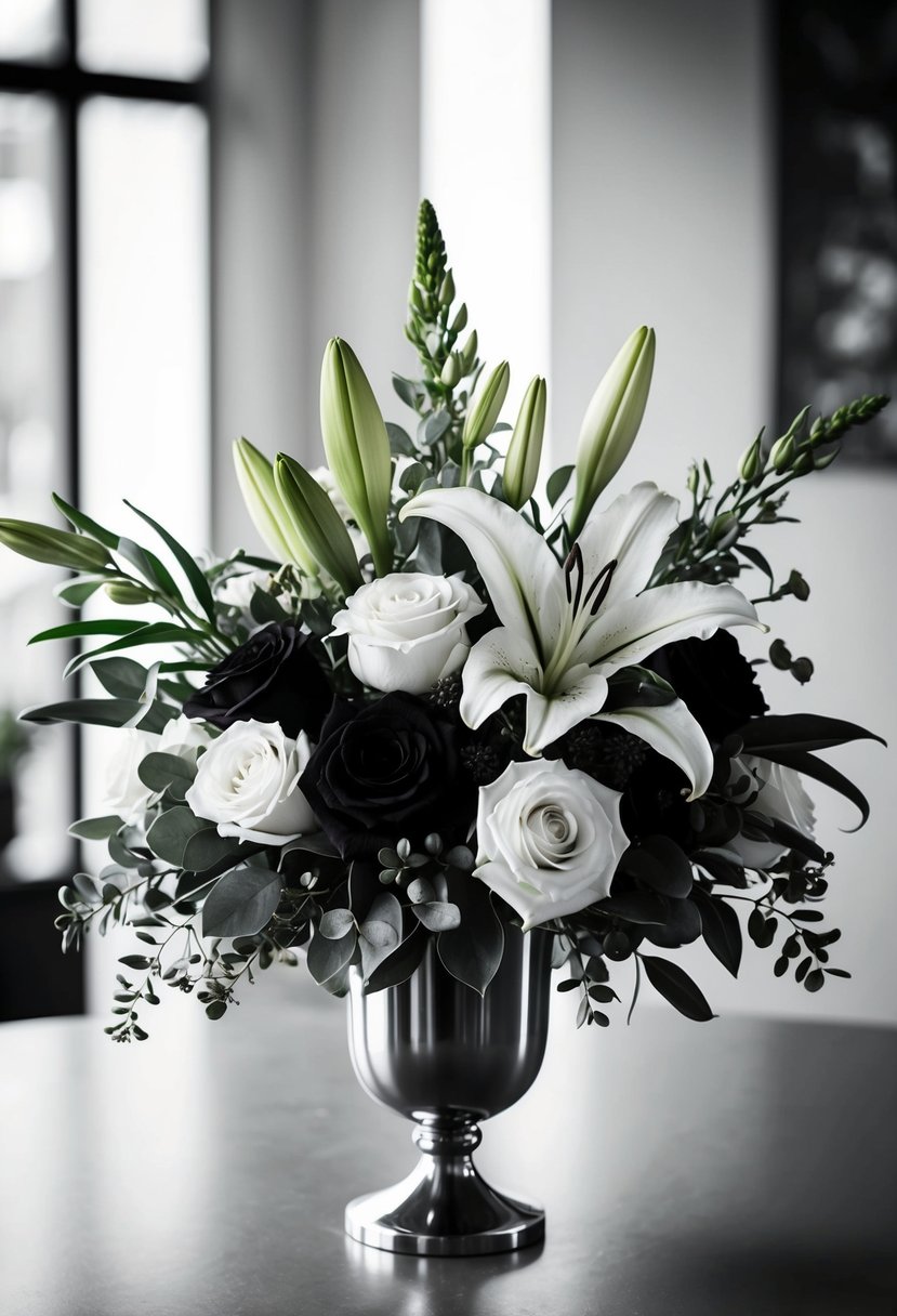 A black and white floral arrangement with roses, lilies, and greenery, elegantly arranged in a sleek vase