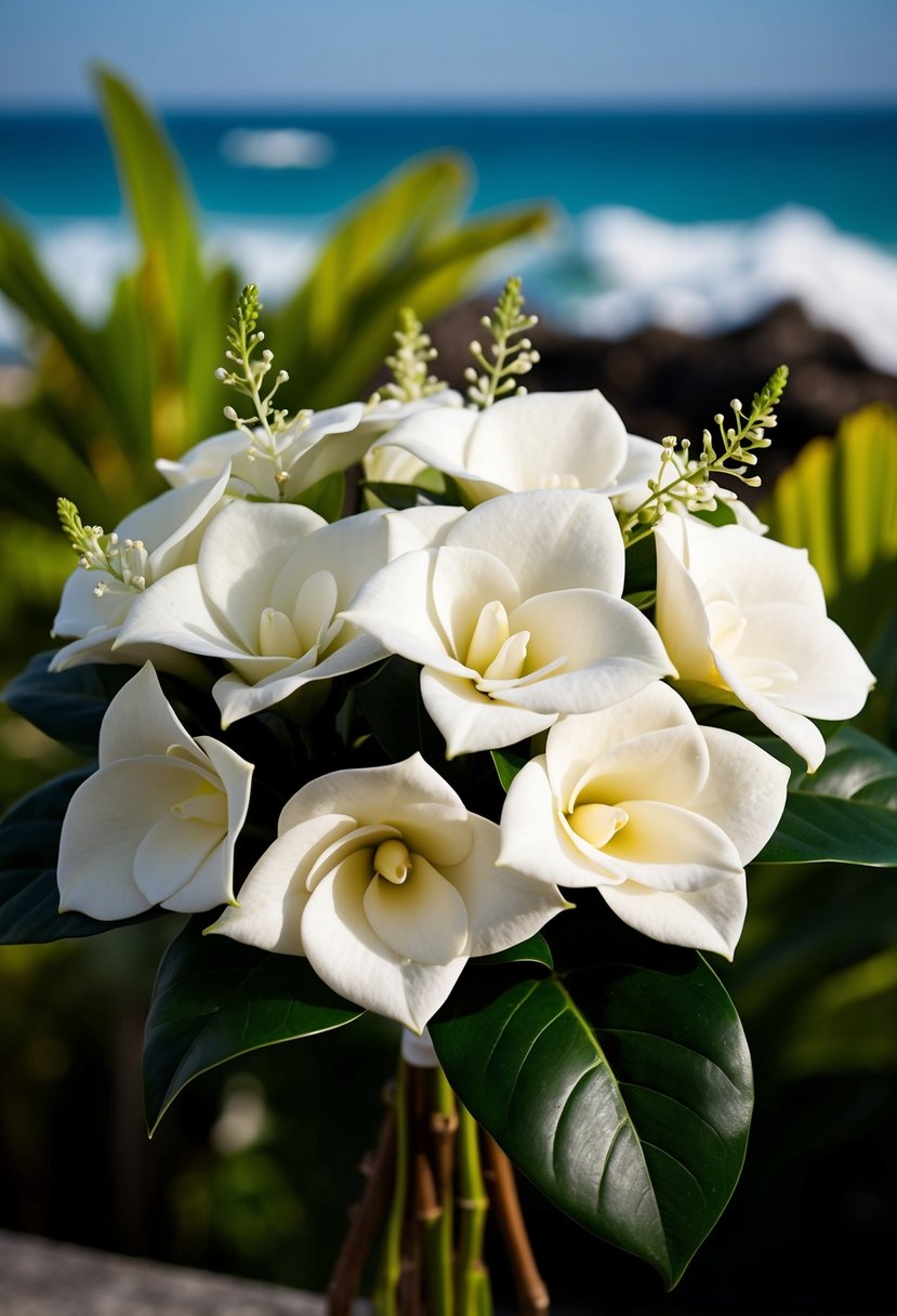 A lush bouquet of classic white gardenias, with green leaves and delicate sprigs, set against a backdrop of tropical foliage and ocean waves