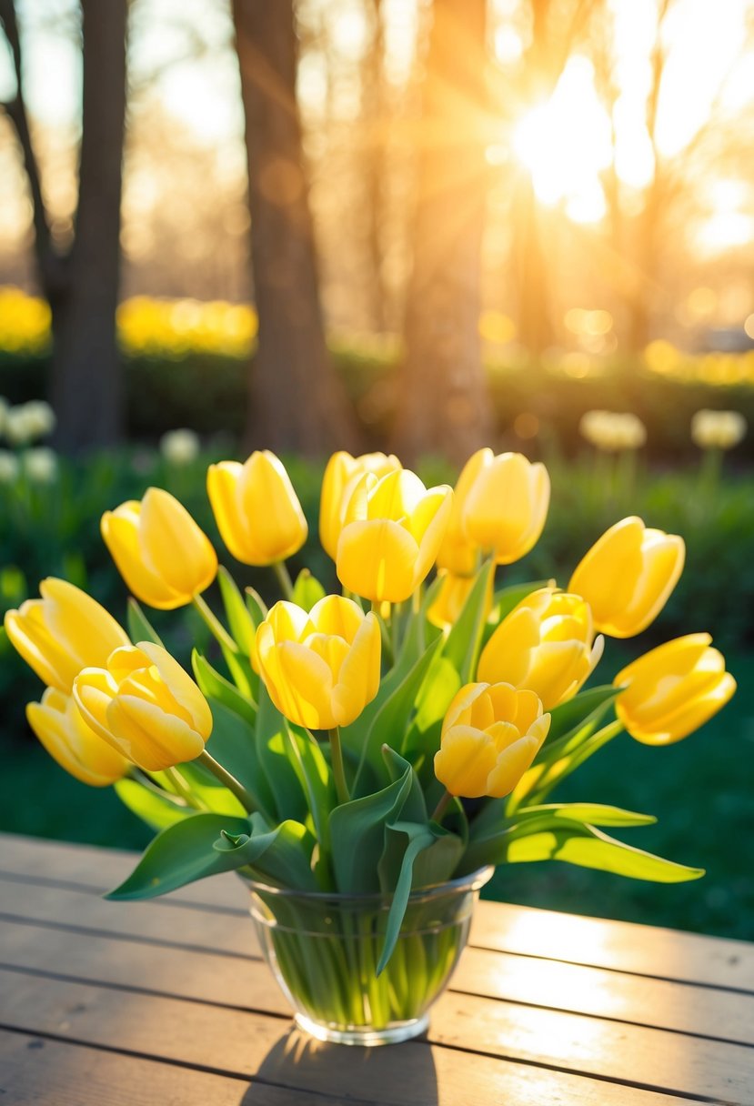 A vibrant bouquet of yellow tulips basking in the warm sunlight