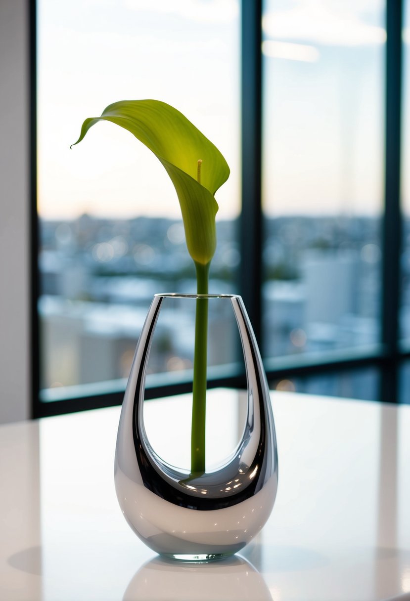 A single calla lily in a sleek, modern vase on a clean, white tabletop