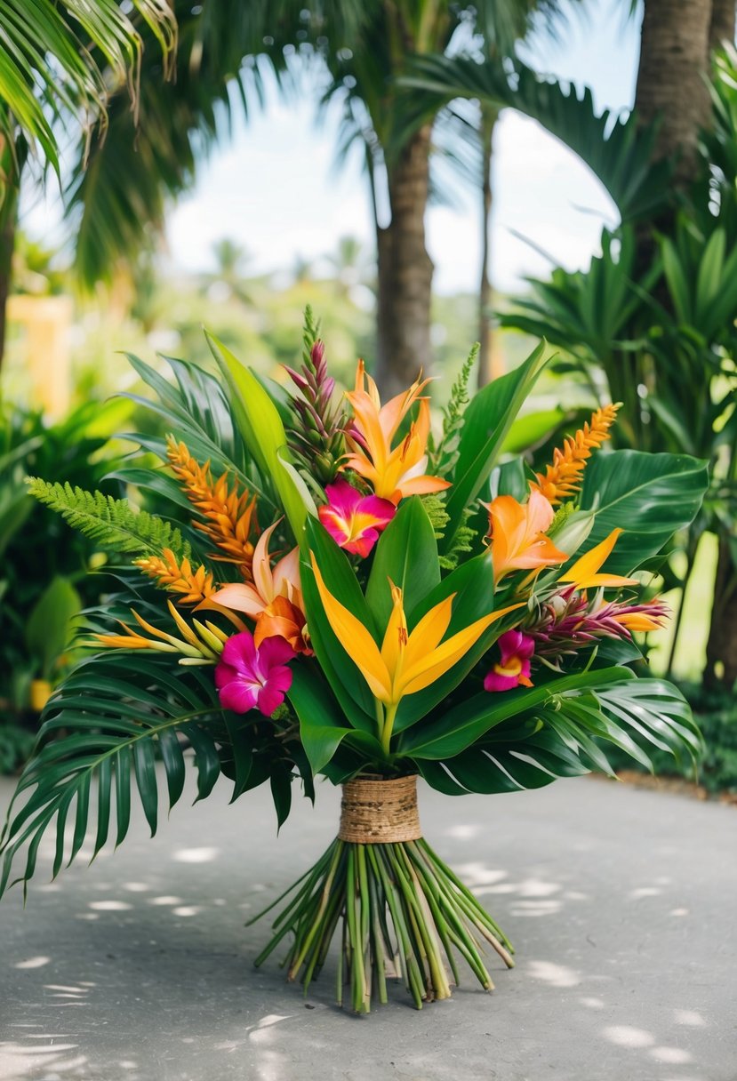 A lush, colorful bouquet of tropical flowers and greenery arranged in a bohemian style, with a relaxed and natural feel