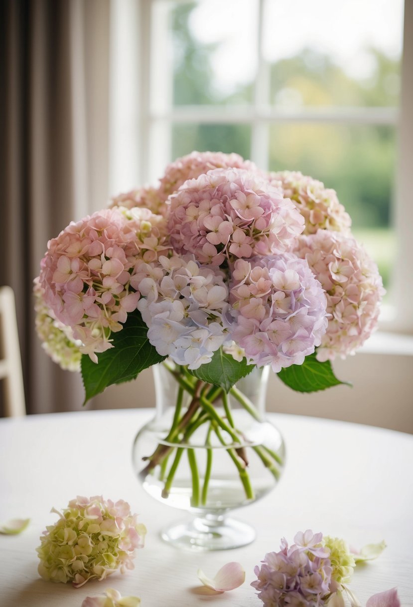 A delicate bouquet of soft pastel hydrangea blossoms arranged in a glass vase, with a few petals scattered on the table