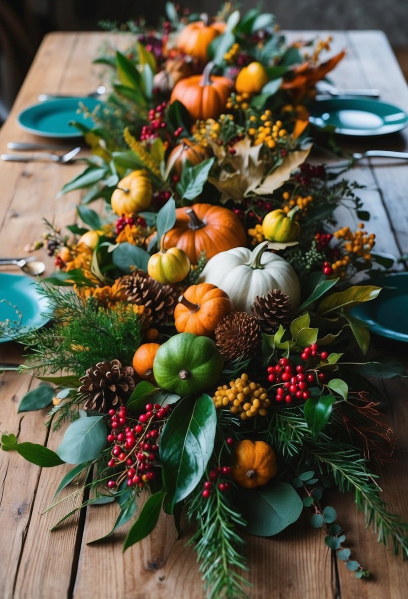 A rustic wooden table adorned with a lush assortment of fall foliage, berries, and seasonal flowers, arranged in a loose and organic style