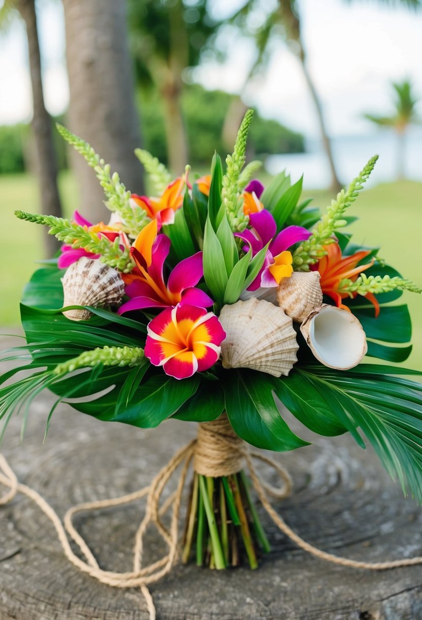 A rustic Hawaiian wedding bouquet with vibrant tropical flowers and lush greenery, accented with seashells and tied with natural twine