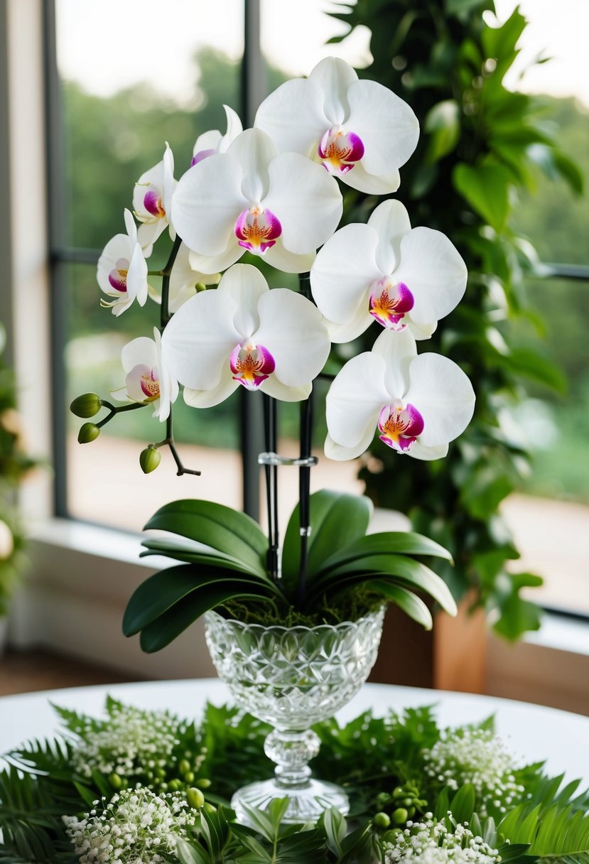 A pristine white orchid arrangement in a crystal vase, surrounded by lush greenery and delicate baby's breath