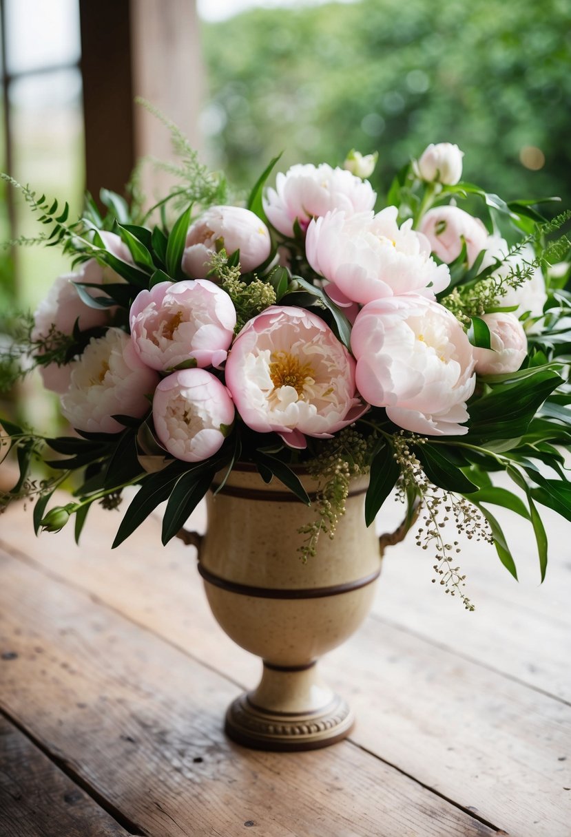 A lush arrangement of peonies, accented with delicate greenery, sits in a vintage-inspired vase on a rustic wooden table