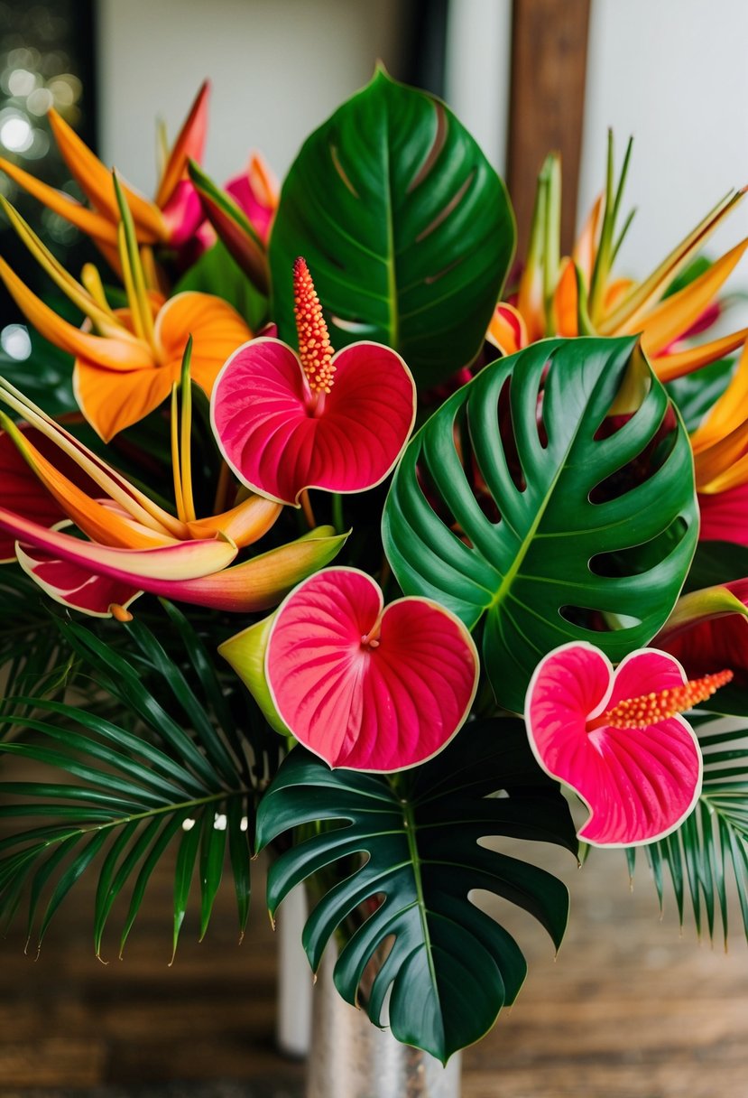 A vibrant collection of exotic Anthurium flowers arranged in a tropical wedding bouquet, featuring bold colors and unique shapes