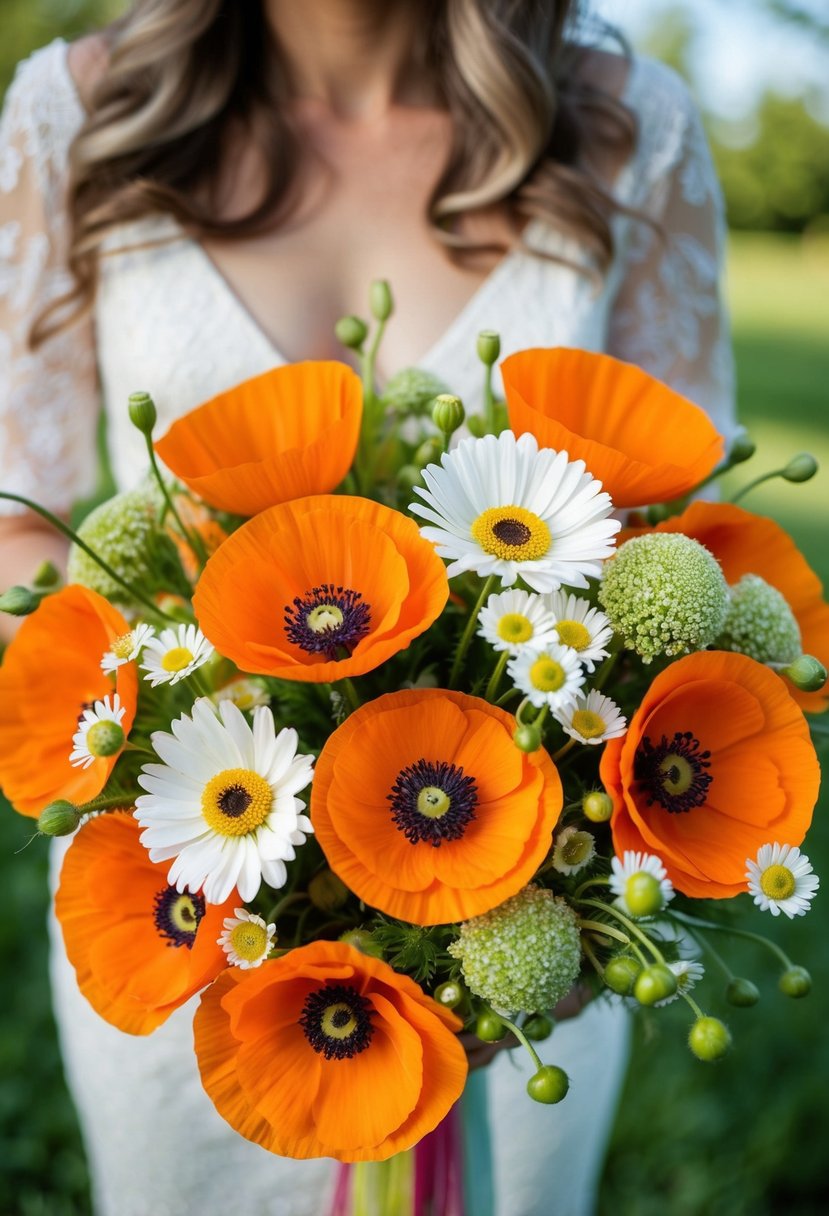 A vibrant bouquet of bright poppies and daisies, arranged in a beautiful combination for a May wedding