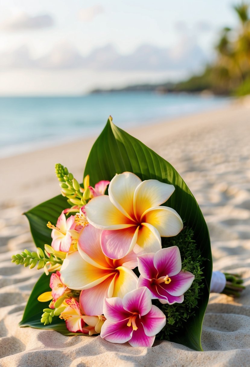 A vibrant bouquet of pastel plumeria, hibiscus, and orchids, accented with lush greenery, rests on a sandy beach with the ocean in the background