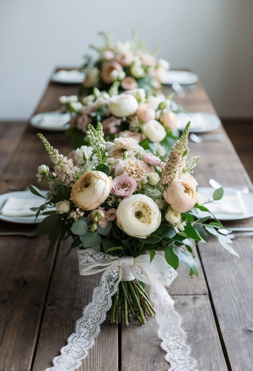 A rustic wooden table adorned with a lush arrangement of vintage-inspired blooms in soft pastel hues, tied with a delicate lace ribbon