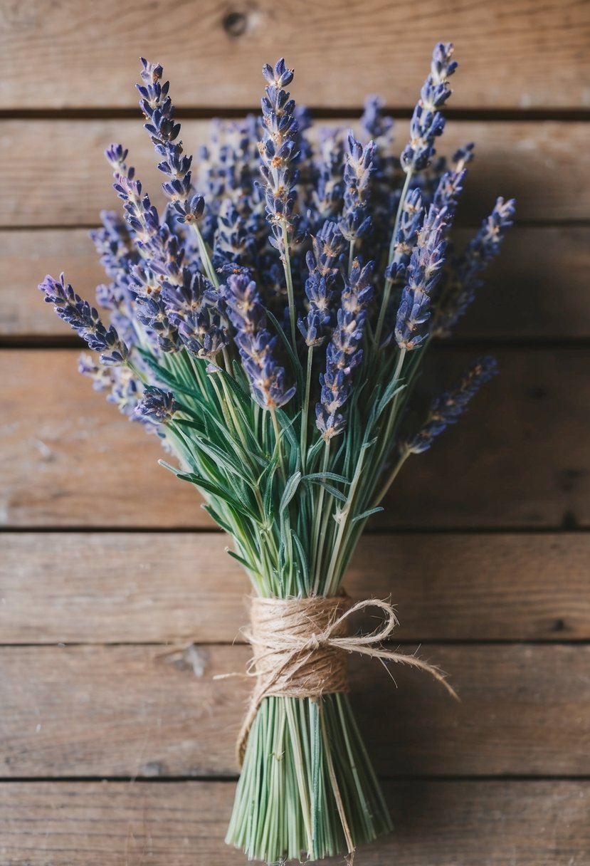 A rustic bouquet of lavender and wheat tied with twine