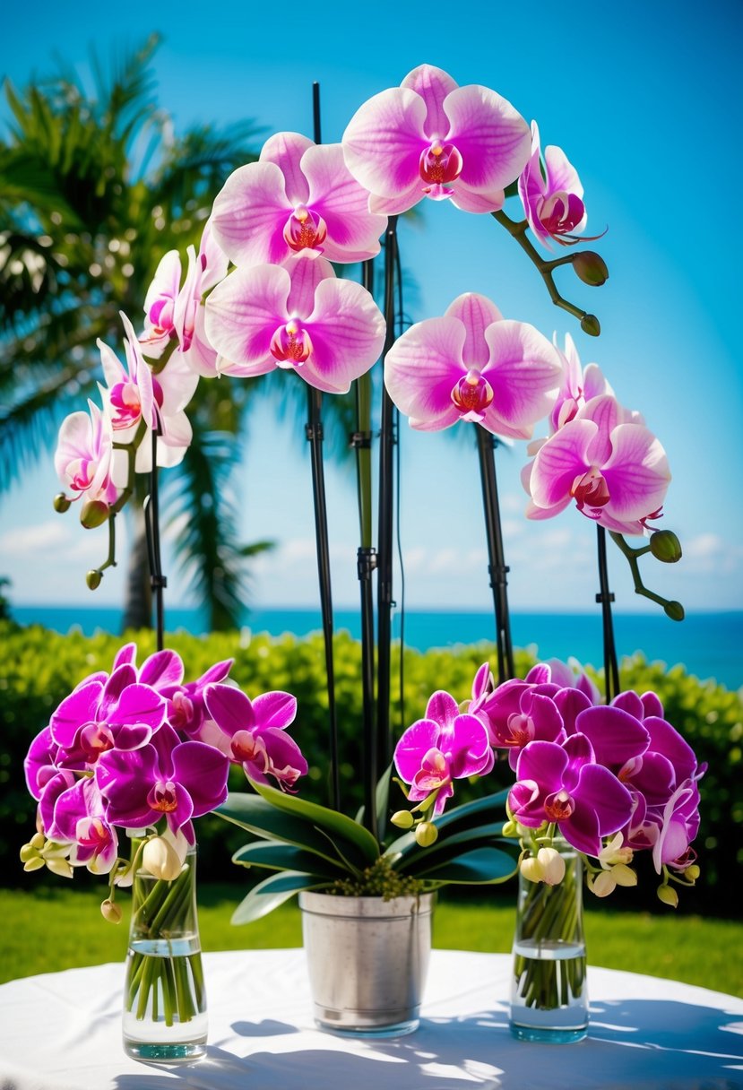 A table adorned with vibrant orchid lei bouquets, set against a backdrop of lush greenery and a clear blue sky