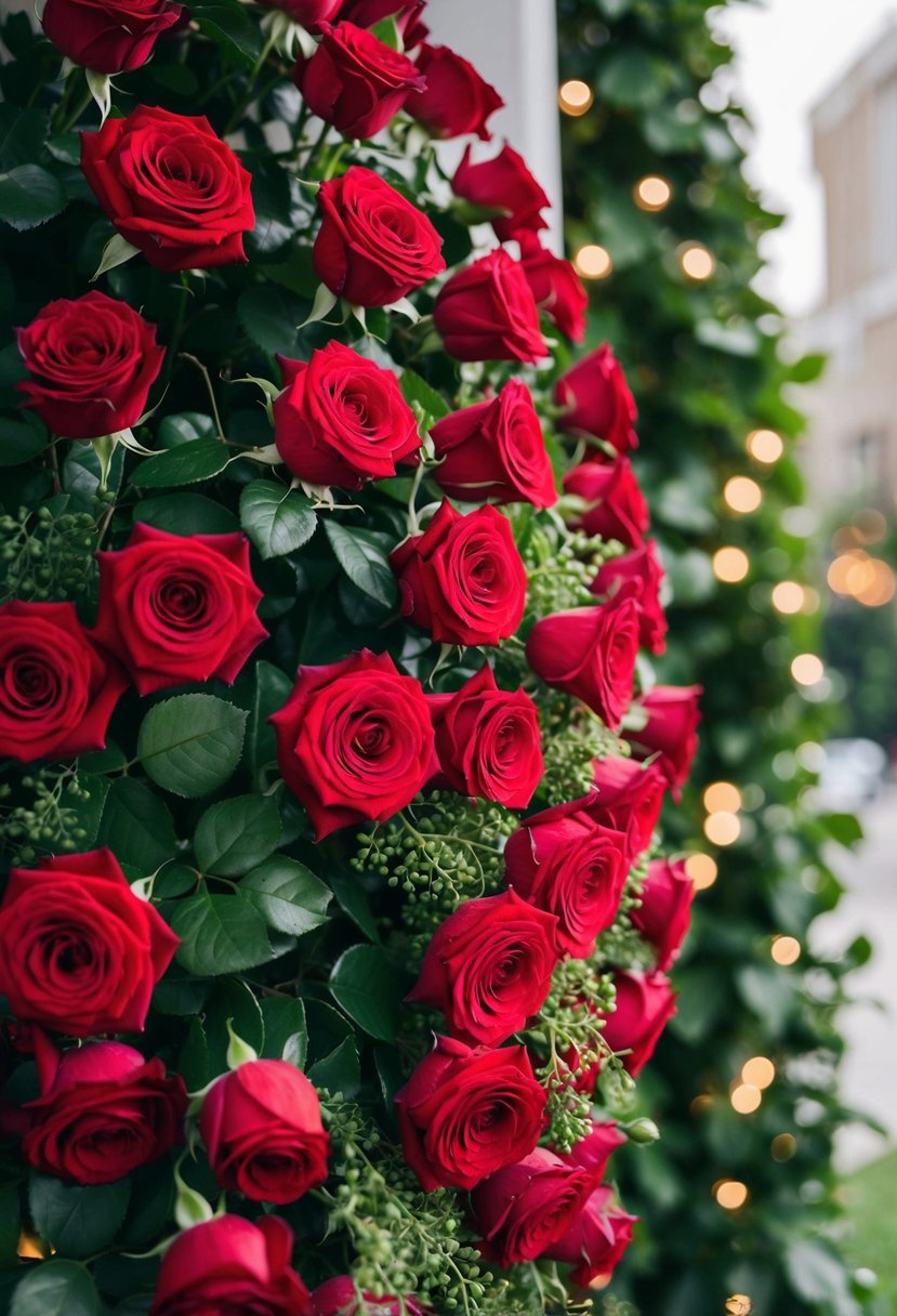 A cascading bouquet of vibrant red roses with lush greenery