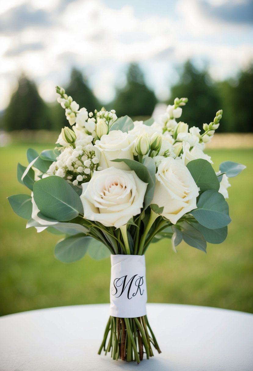 A groom's bouquet with a personalized monogrammed ribbon wrapped around the stems