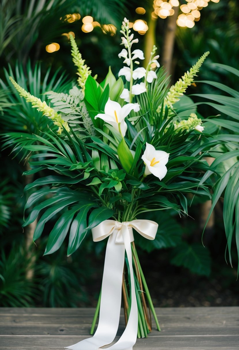 A lush bouquet of tropical foliage and vibrant greenery, accented with delicate white flowers and tied with a flowing ribbon