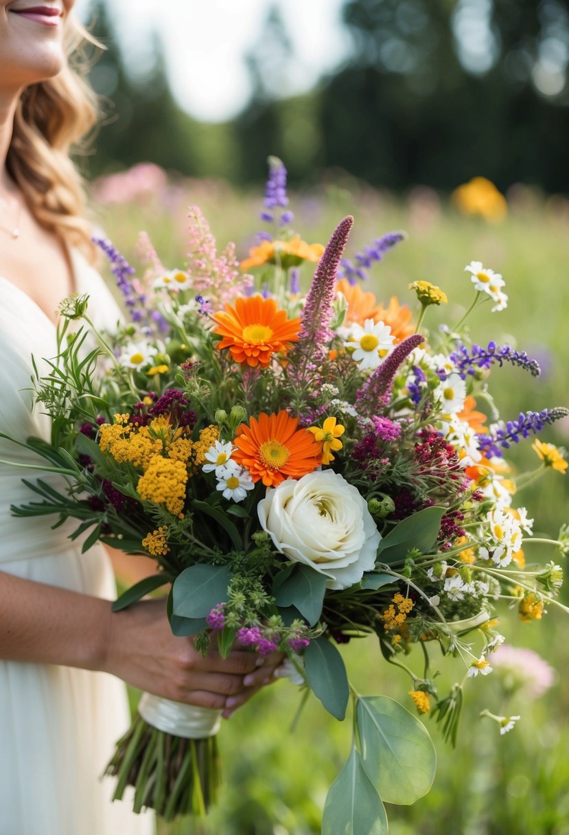 A vibrant mix of wildflowers in a charming wedding bouquet