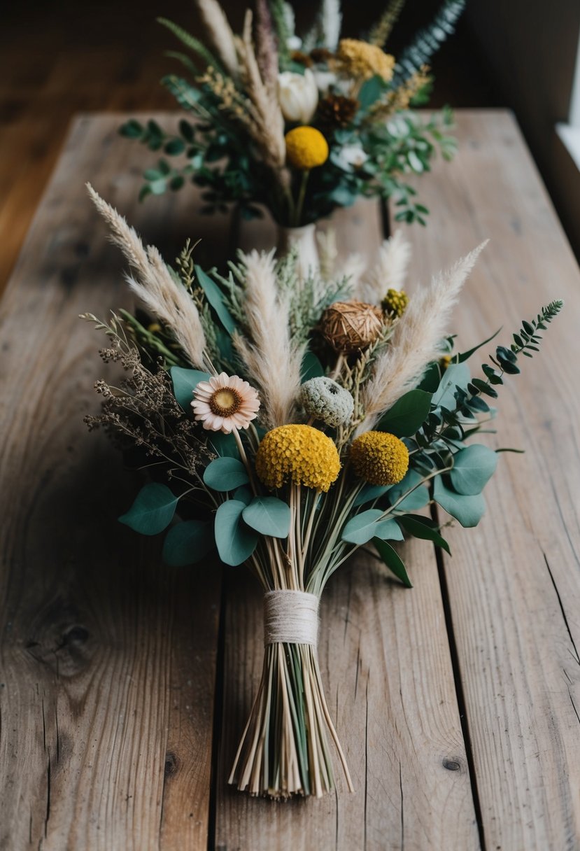 A rustic wooden table with a variety of dried flowers and greenery arranged in a natural, eco-friendly wedding bouquet