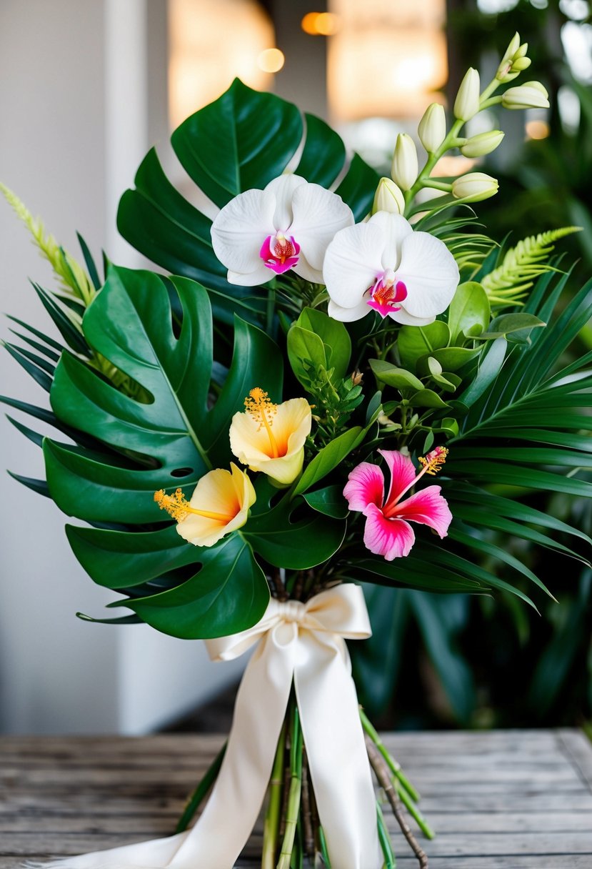 A lush bouquet of monstera leaves, orchids, and hibiscus, accented with tropical greenery and tied with a silk ribbon