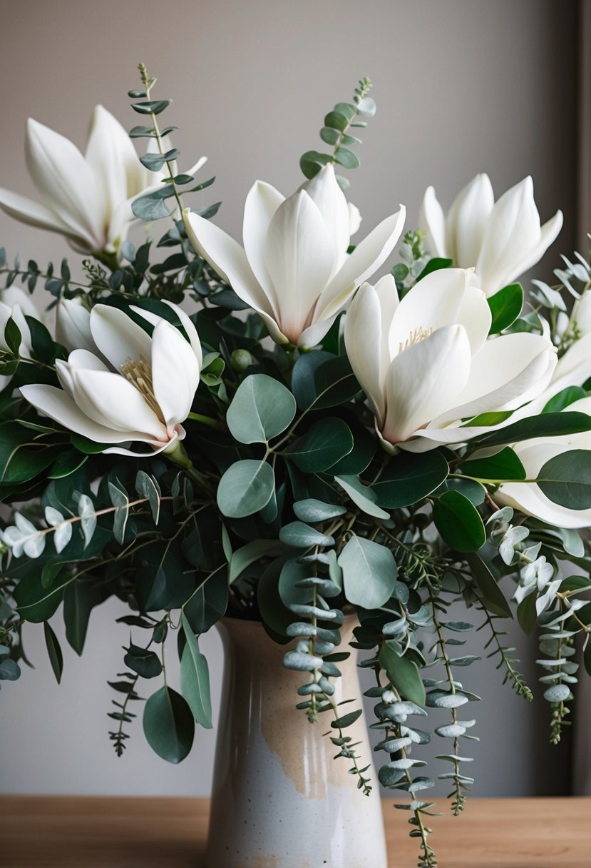 A lush arrangement of white magnolias and silvery green eucalyptus leaves cascades from a ceramic vase, creating a stunning May wedding bouquet