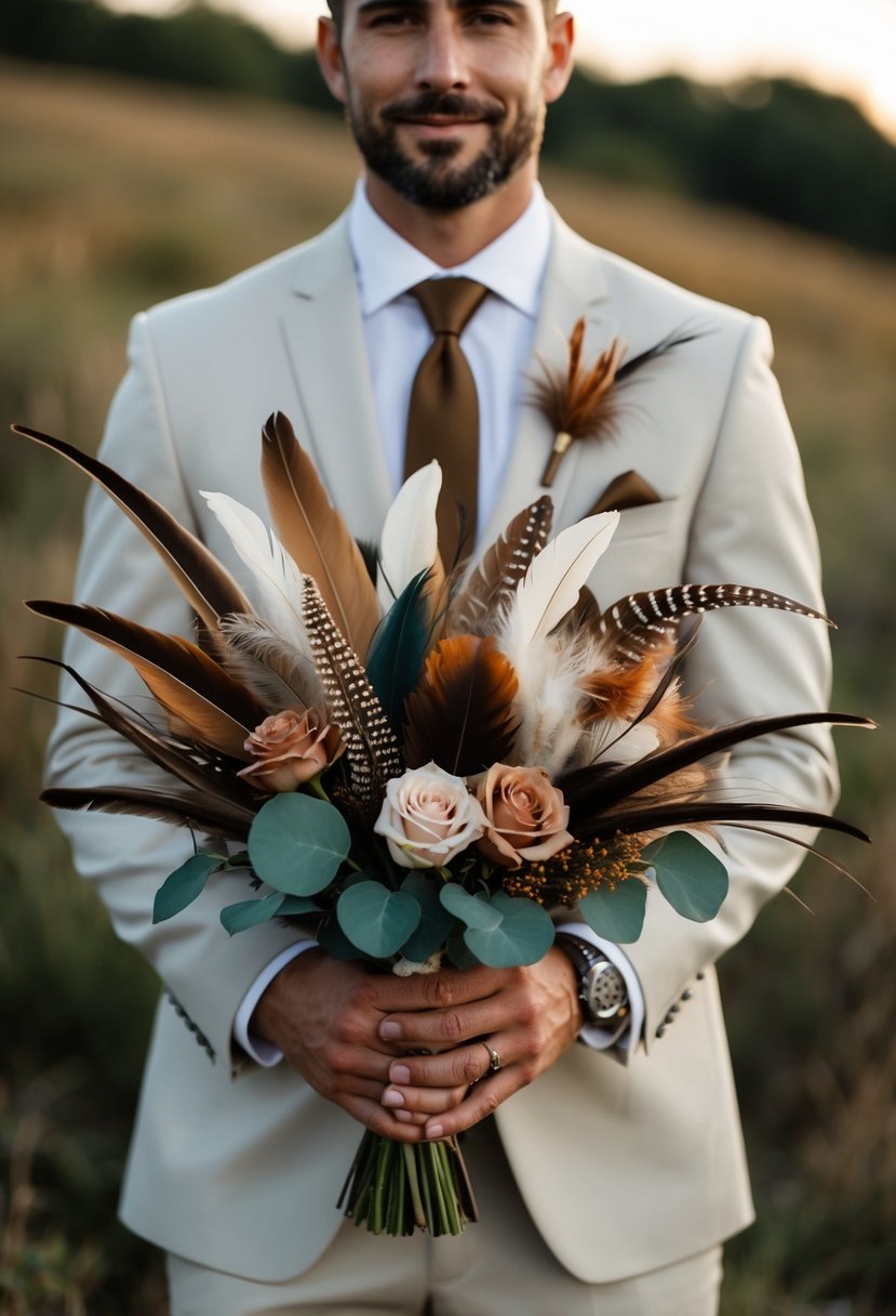 A groom's bouquet with feathers in earthy tones and rustic accents