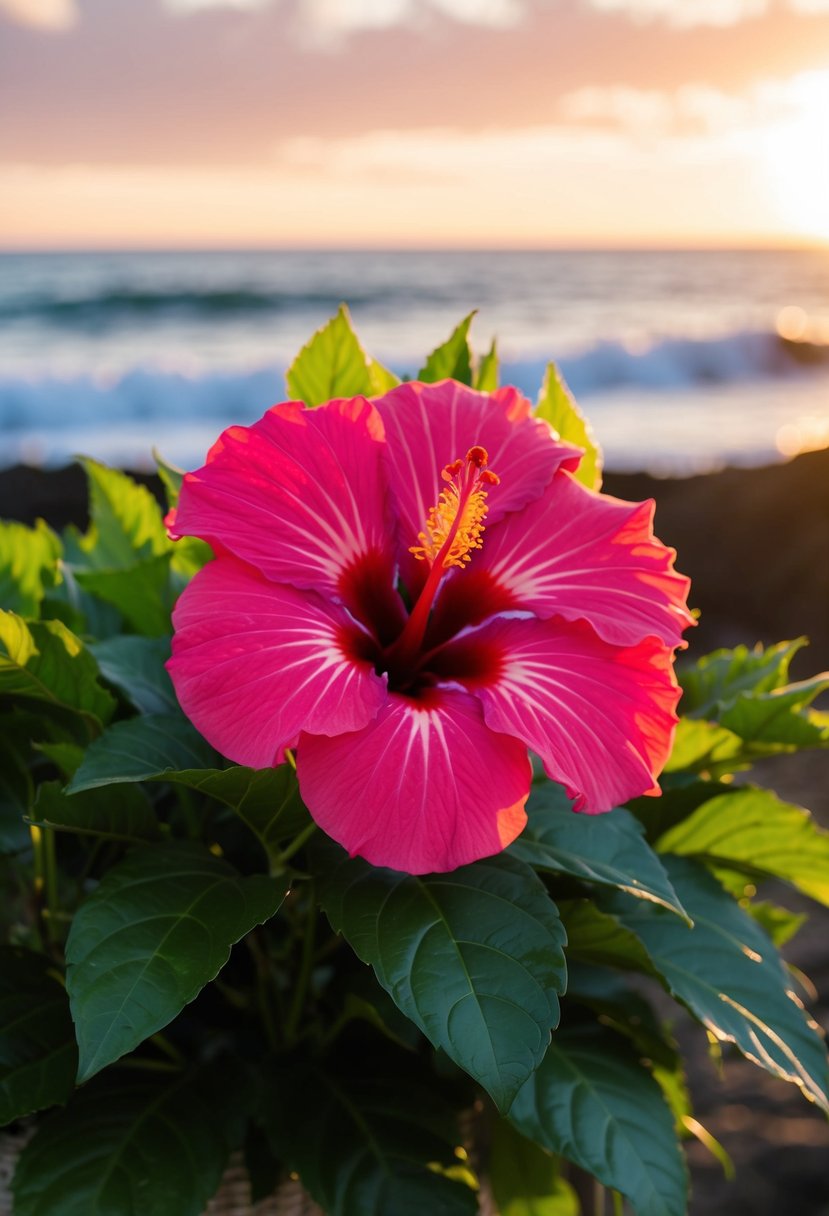 A vibrant hibiscus bouquet bathed in the warm glow of a Hawaiian sunset, with lush green foliage and a backdrop of ocean waves