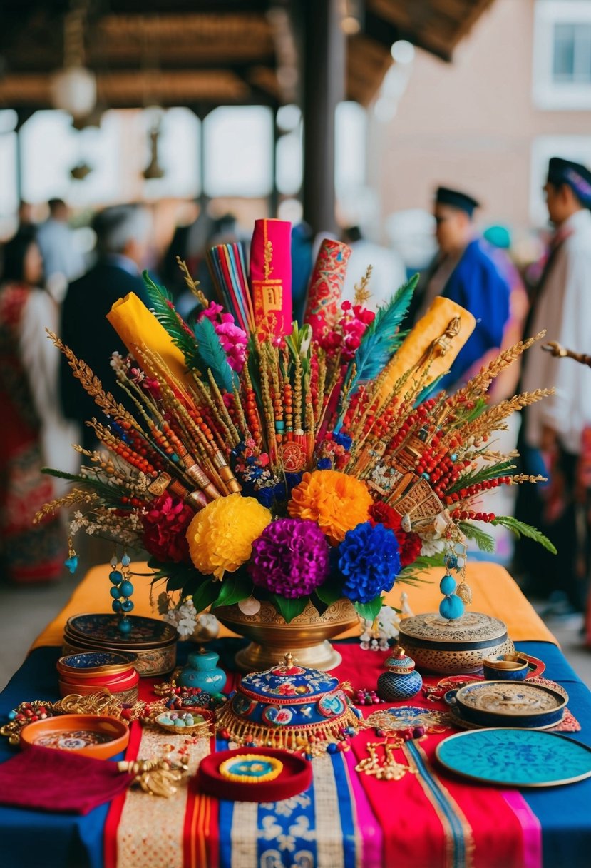 A table with a colorful assortment of traditional cultural items, such as fabrics, jewelry, and symbolic objects, arranged in a decorative bouquet