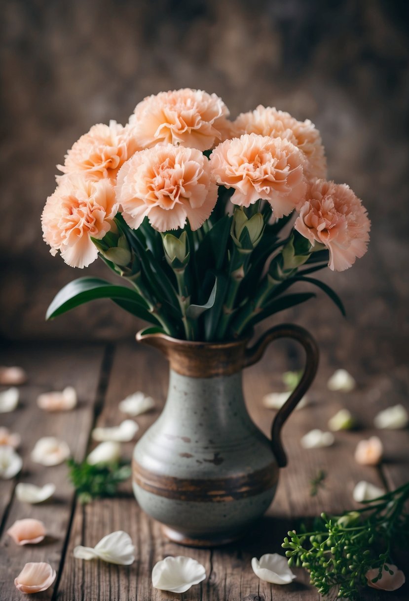 A vintage-inspired carnation bouquet in a rustic vase, surrounded by scattered petals and greenery