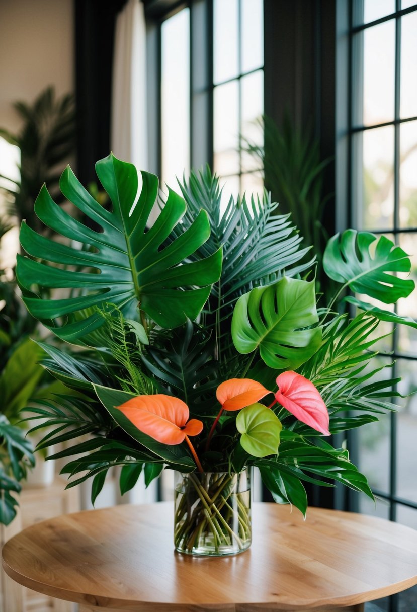 A lush bouquet of vibrant tropical foliage, including palm leaves, monstera, and anthurium, arranged in an elegant and airy style