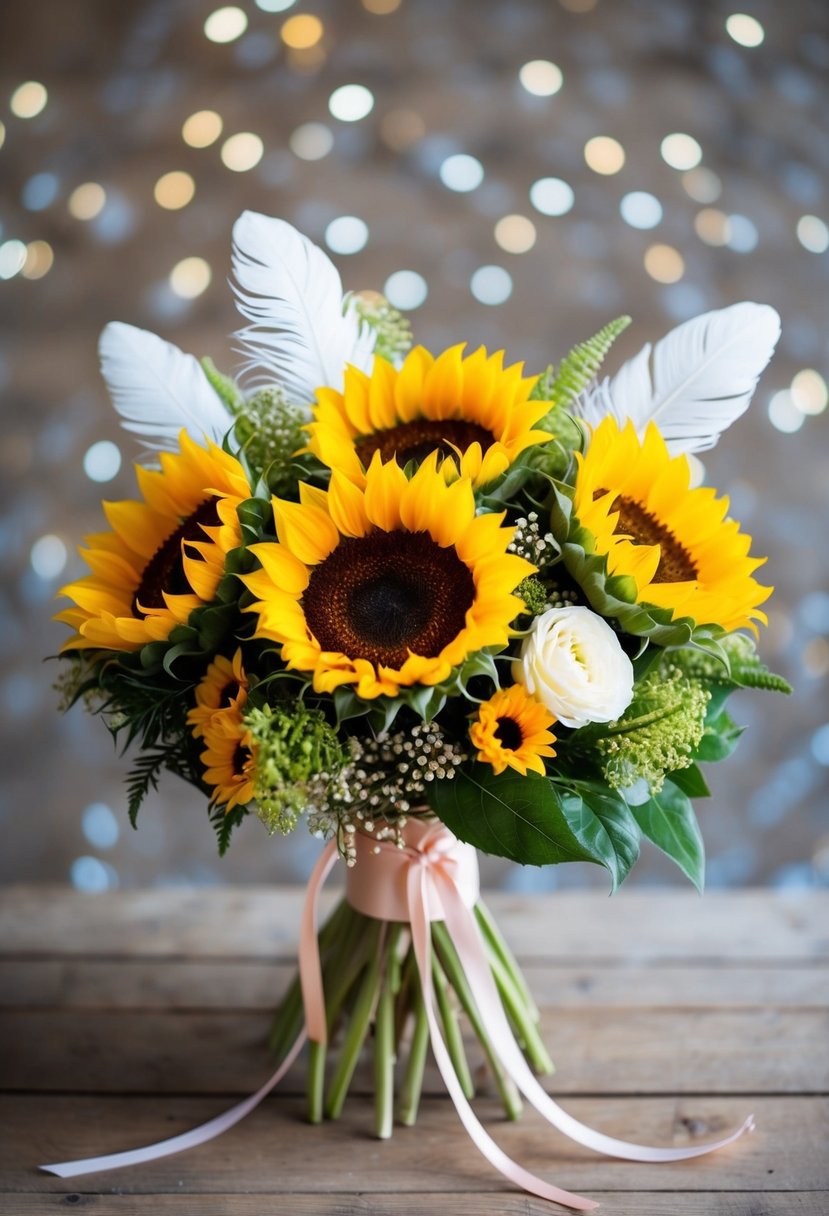 A sunflower bouquet with playful touches, like ribbons or feathers, arranged in a whimsical and charming manner