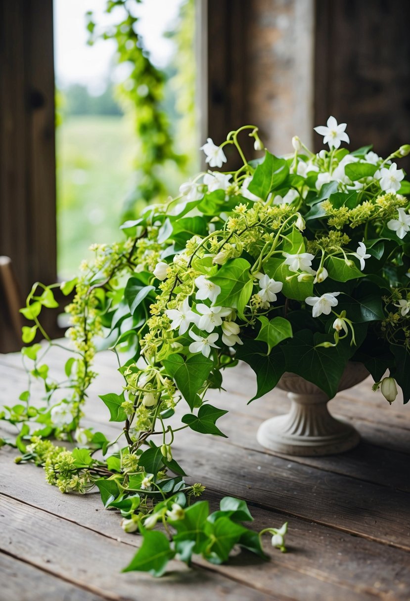 A lush bouquet of jasmine and ivy trails, intertwined with delicate white flowers, rests on a rustic wooden table