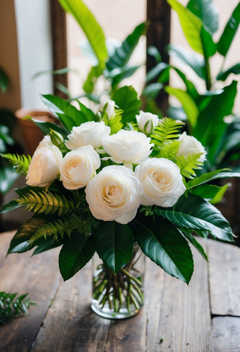 A lush bouquet of white tuberose, surrounded by vibrant tropical foliage, sits on a rustic wooden table. The sweet fragrance fills the air